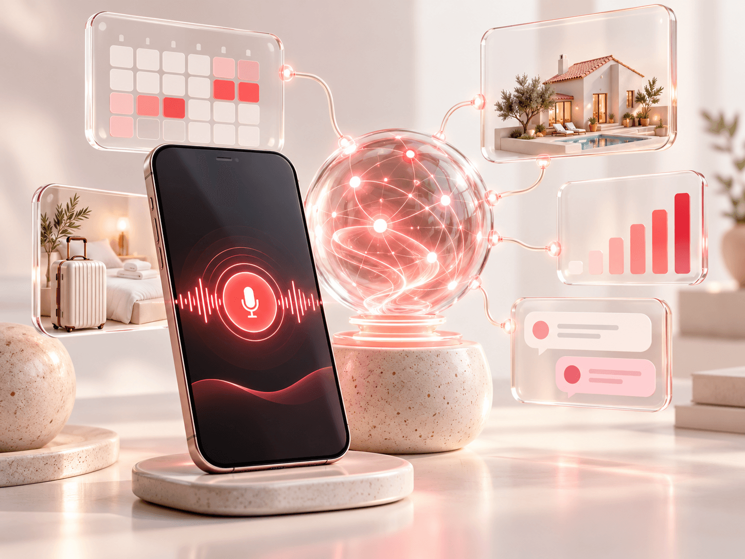 BookNoFees: Un asistente de IA con control por voz, calendario, casa de vacaciones y mensajes ilustra el futuro de la gestión de alquileres vacacionales.