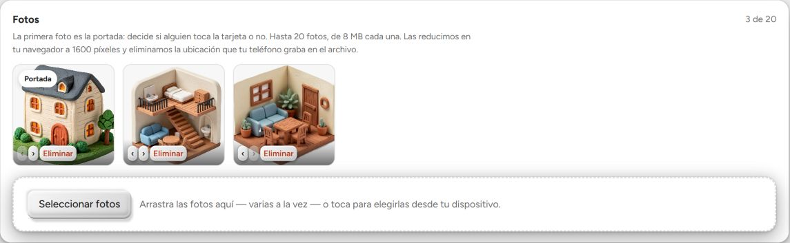 Editar un anuncio de BookNoFees: añadir fotos, cambiar su orden y seleccionar la imagen de portada.