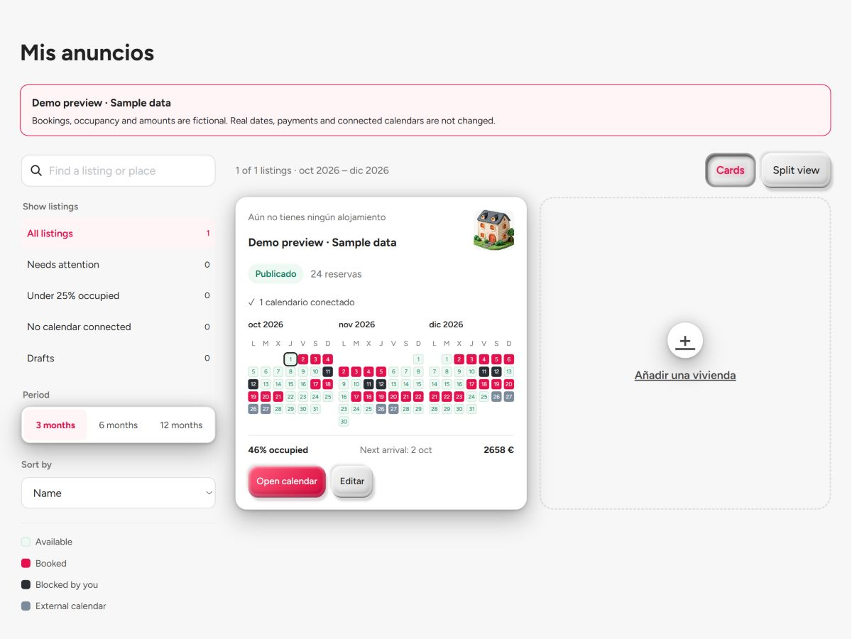 Resumen para anfitriones de BookNoFees con ejemplos de alojamientos, estado de los anuncios y calendario.