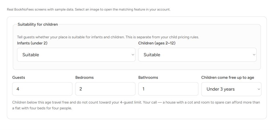Interfaz de BookNoFees: Bebés y niños