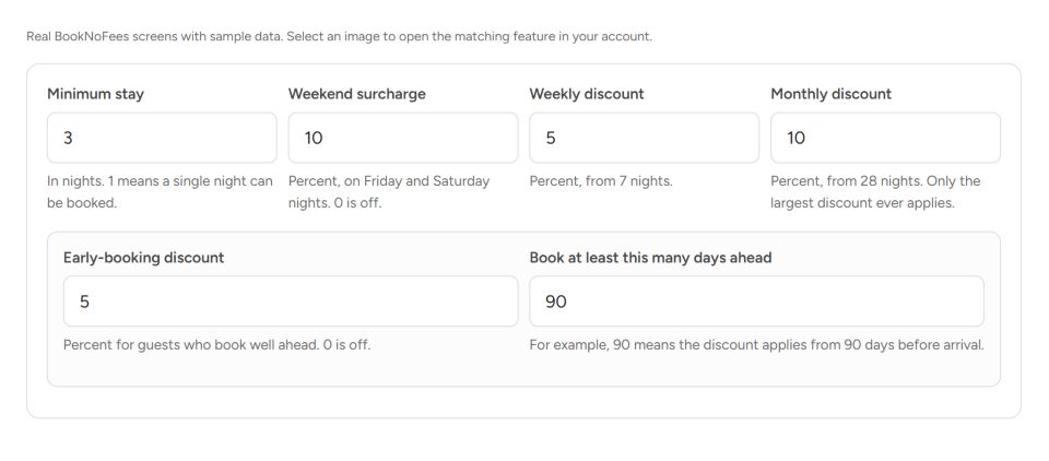 Interfaz de BookNoFees: Descuentos semanales, mensuales y por reserva anticipada