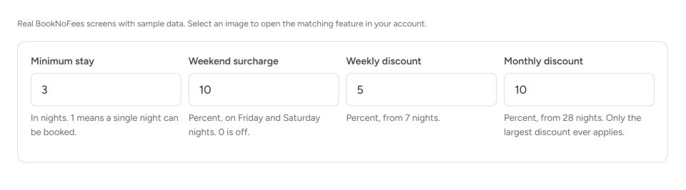 Interfaz de BookNoFees: Estancia mínima y fin de semana
